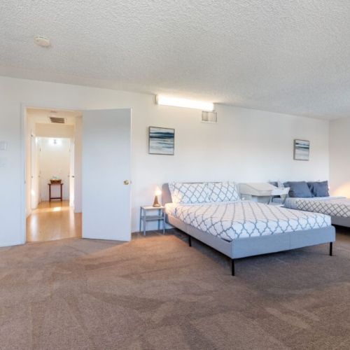 Largest bedroom furnished with two queen-sized beds, two desks, and two closets!