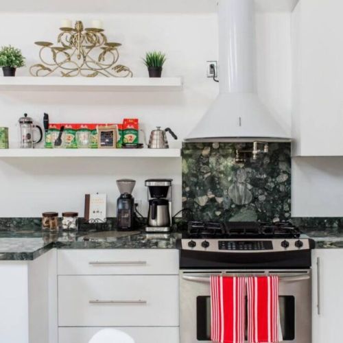 The other side of the kitchen is equipped with a full coffee bar! If you're new (or a veteran) to craft coffee, we have everything you need to make coffee using a French press or pourover dripper.