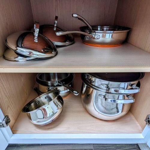 Copper bottom cookware set.
