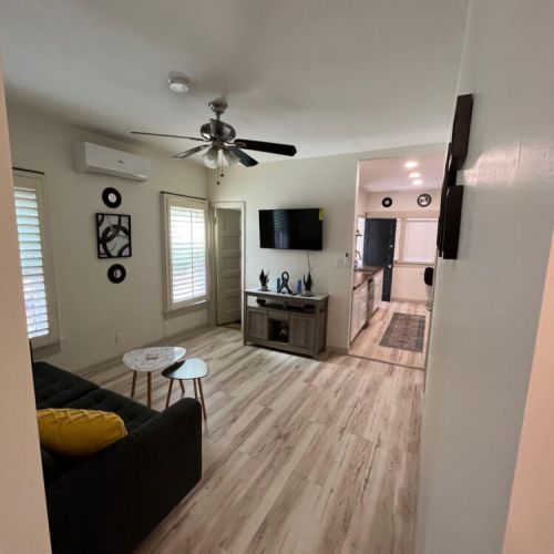 Living room with a peek into the kitchen