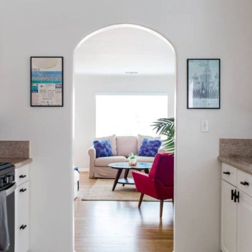 View of living room from dining kitchen.