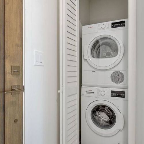Washer and dryer is conveniently in unit. We provide laundry detergent!