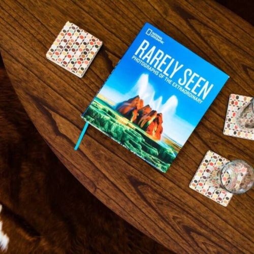 Coffee table views with vintage-style coasters