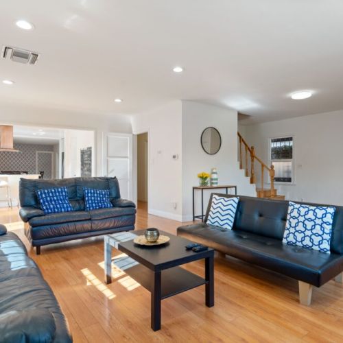 Views of the living room, front door to the right.