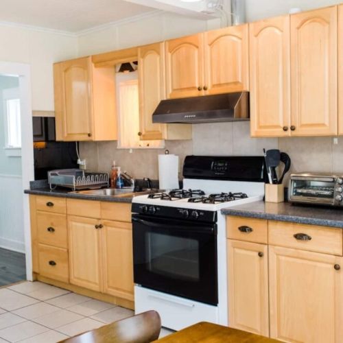 Kitchen with a peek into the living room