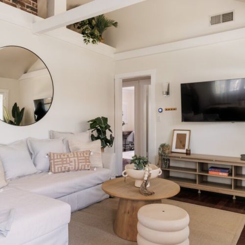 Living room with sleeper sofa and smart TV